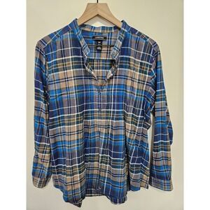 Lands End Blue Plaid Cotton Flannel Pintuck Popover Tunic Shirt 18P Womens